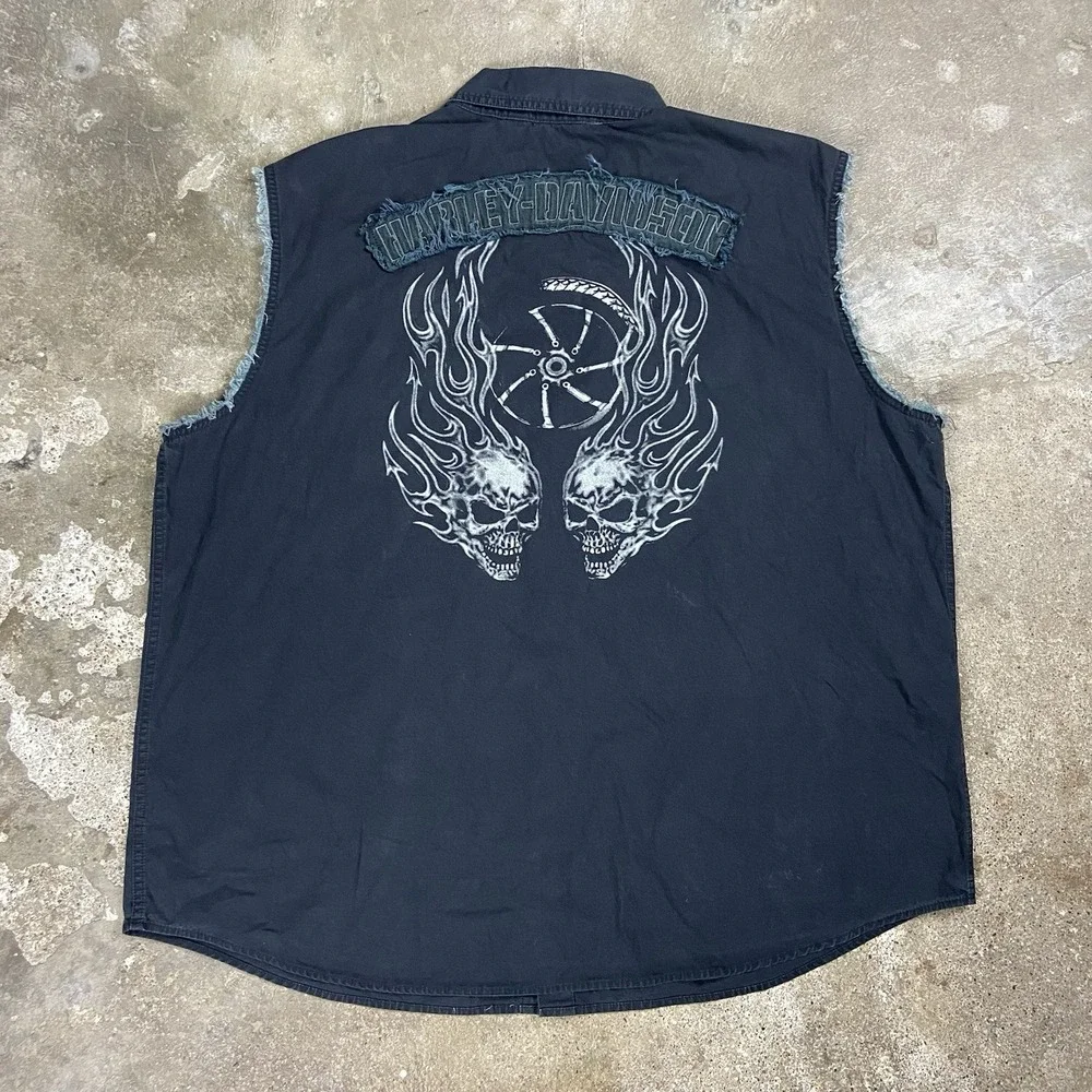 Vintage Y2K Harley Davidson Vest Size 3XL Black Zip Skull Motorcycle Graphic - Picture 2 of 7